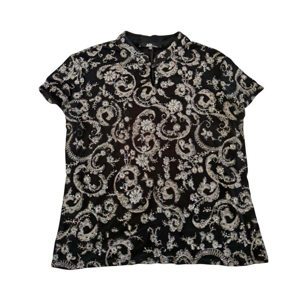 Y2K 2000s Black Velet Sparkle Mandarin Collar Top XL Quipao Stretch Whimsygoth